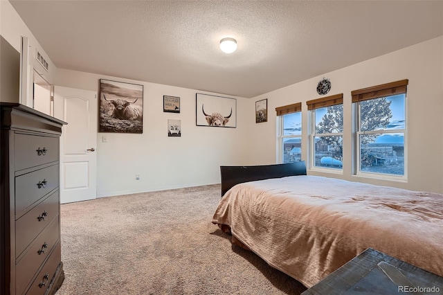 bedroom with a textured ceiling and carpet