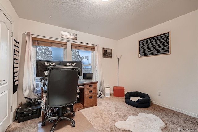 office area with light colored carpet and a textured ceiling