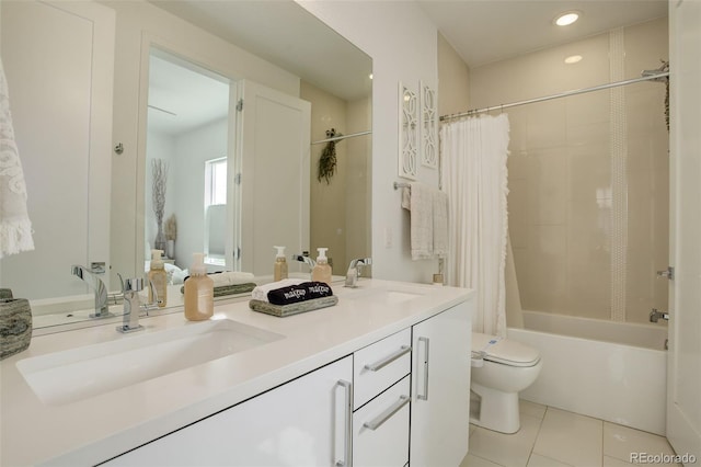 3030 Wilson Ct Unit 5, Denver, CO 80205 - bathroom featuring double vanity, tile patterned floors, shower / tub combo with curtain, and recessed lighting