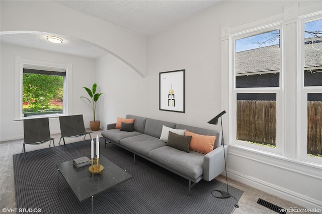 3817 Osage St, Denver, CO 80211 - carpeted living area with healthy amount of natural light and arched walkways