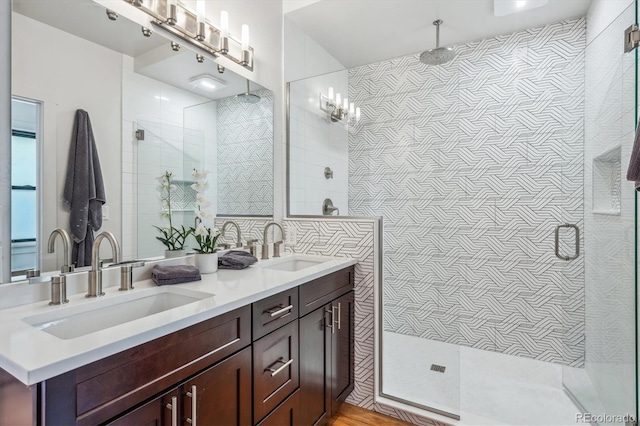 bathroom with walk in shower and vanity