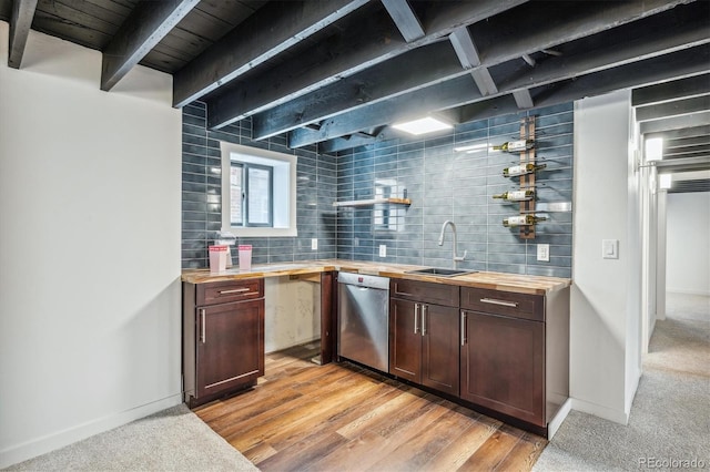 bar featuring wooden counters, light wood-type flooring, backsplash, dishwasher, and beamed ceiling