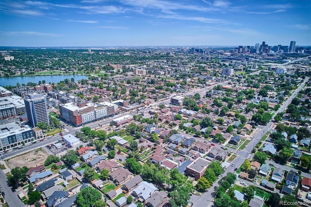 drone / aerial view with a water view