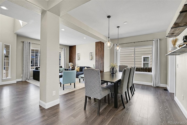 dining room with visible vents, baseboards, dark wood finished floors, and recessed lighting