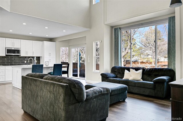 living room with recessed lighting and wood finished floors