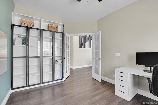 office area featuring french doors, baseboards, ceiling fan, and dark wood-style flooring