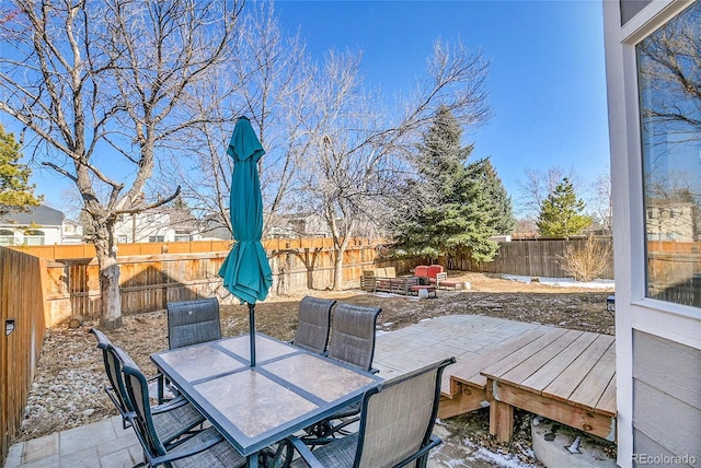 view of patio with a fenced backyard and outdoor dining space