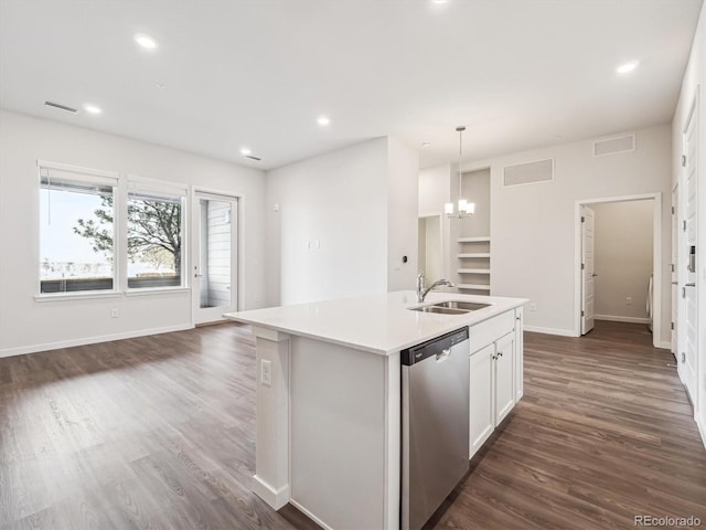 485 Interlocken Blvd Unit 101, Broomfield, CO 80021 - kitchen with dishwasher, dark wood-style flooring, light countertops, an island with sink, and a chandelier