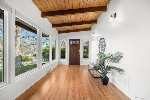 interior space featuring visible vents, lofted ceiling with beams, wood finished floors, and wooden ceiling