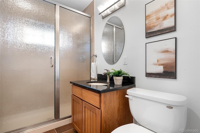 bathroom featuring vanity, a shower stall, and toilet