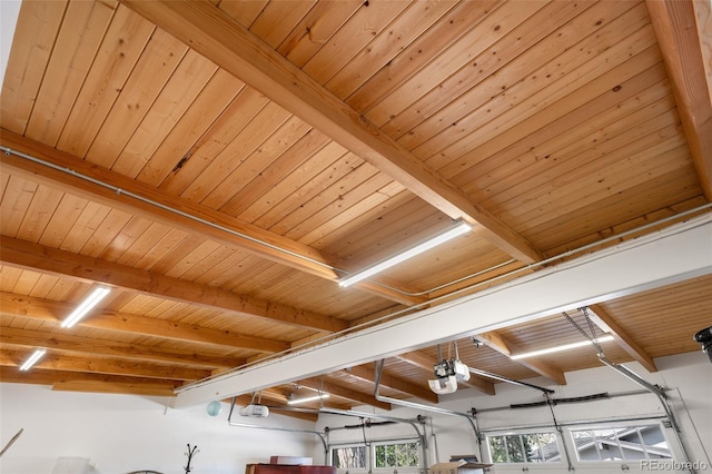 interior details featuring wooden ceiling, a garage door opener, and beam ceiling