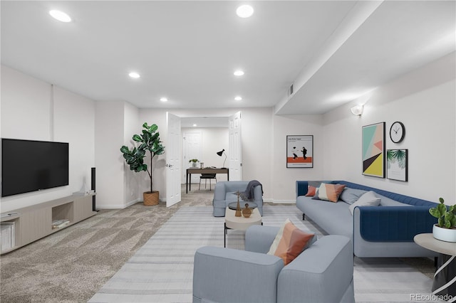 5471 S Sherman St, Littleton, CO 80121 - living room with recessed lighting, light colored carpet, and baseboards