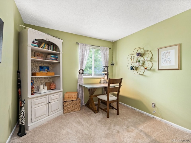 carpeted office space with a textured ceiling