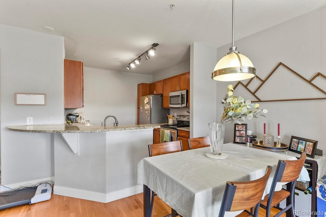 dining room featuring light wood finished floors and track lighting