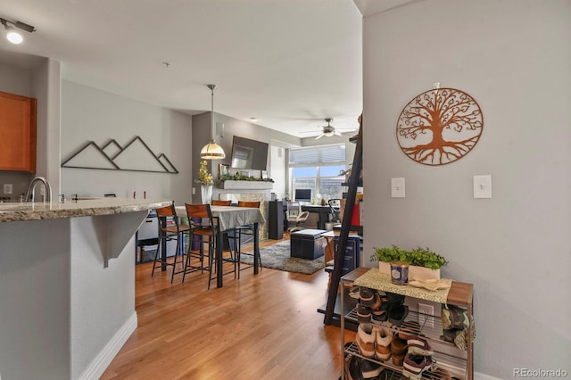 dining room featuring baseboards, light wood-type flooring, and ceiling fan