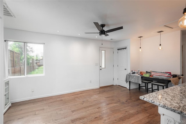 3629 W Custer Pl, Denver, CO 80219 - living room featuring wood finished floors, baseboards, a ceiling fan, and recessed lighting