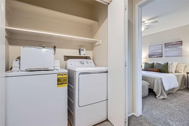 5511 S Lowell Blvd, Littleton, CO 80123 - washroom with separate washer and dryer, carpet flooring, and ceiling fan