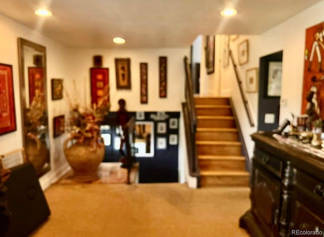 1676 S Fairplay St, Aurora, CO 80012 - carpeted living room with stairway and recessed lighting