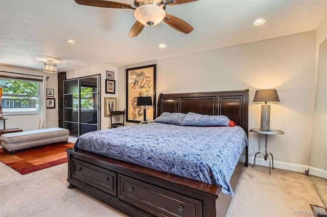 1676 S Fairplay St, Aurora, CO 80012 - bedroom featuring light colored carpet, baseboards, recessed lighting, and a ceiling fan