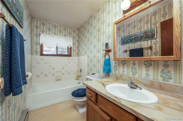 bathroom featuring a baseboard heating unit, vanity, toilet, and a textured ceiling