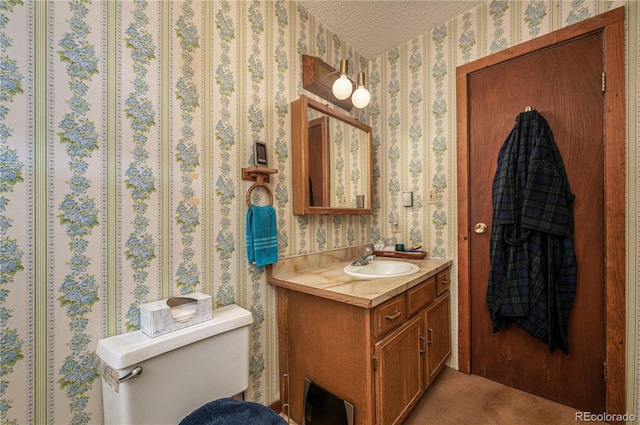 13440 County Rd 45, Coaldale, CO 81222 - bathroom with wallpapered walls, vanity, a textured ceiling, and toilet