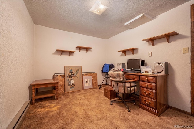 carpeted office space with a baseboard heating unit and a textured ceiling