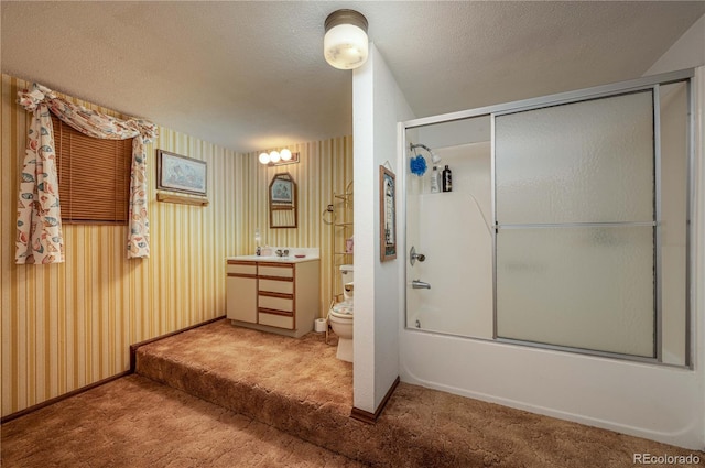 13440 County Rd 45, Coaldale, CO 81222 - bathroom featuring toilet, vanity, combined bath / shower with glass door, and wallpapered walls