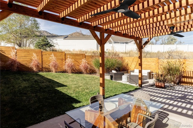 108 Arapahoe St, Golden, CO 80403 - view of patio / terrace featuring a pergola, an outdoor living space, ceiling fan, and outdoor dining space