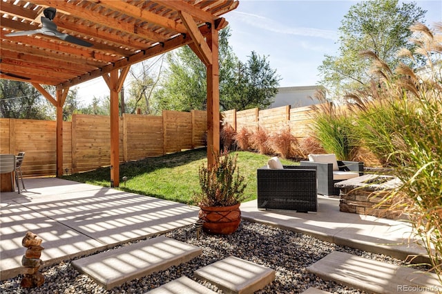 108 Arapahoe St, Golden, CO 80403 - fenced backyard with a pergola, a patio area, and ceiling fan