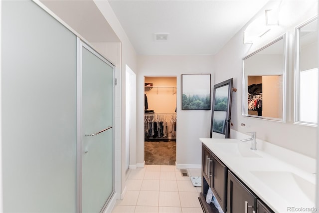 bathroom with a stall shower, visible vents, a sink, and double vanity