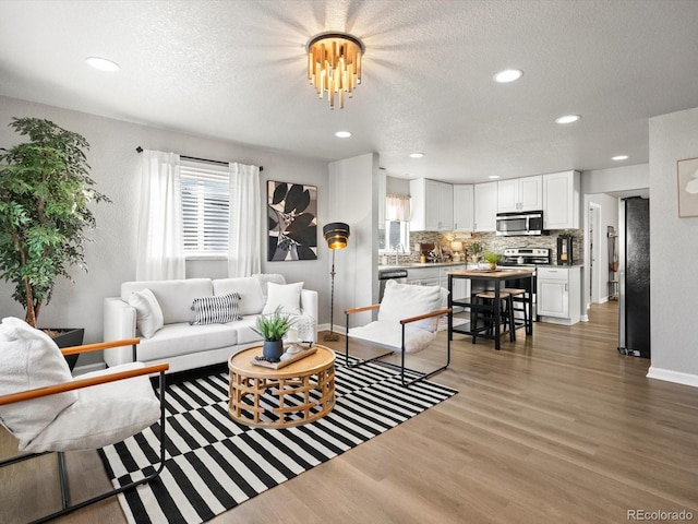 living room with wood-type flooring and a textured ceiling