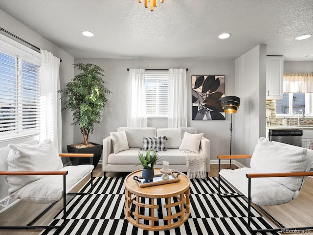 living room featuring hardwood / wood-style floors, sink, and a textured ceiling