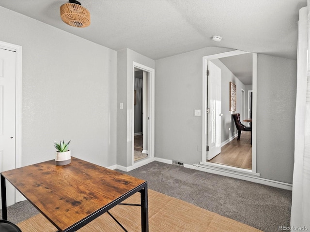 hall featuring vaulted ceiling, carpet floors, and a textured ceiling