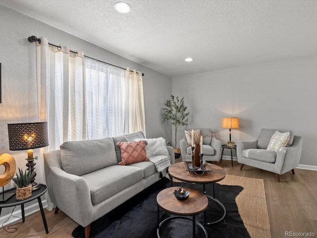 living room with hardwood / wood-style flooring and a textured ceiling