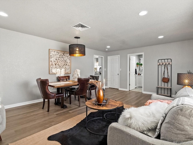 living room featuring wood-type flooring and a textured ceiling