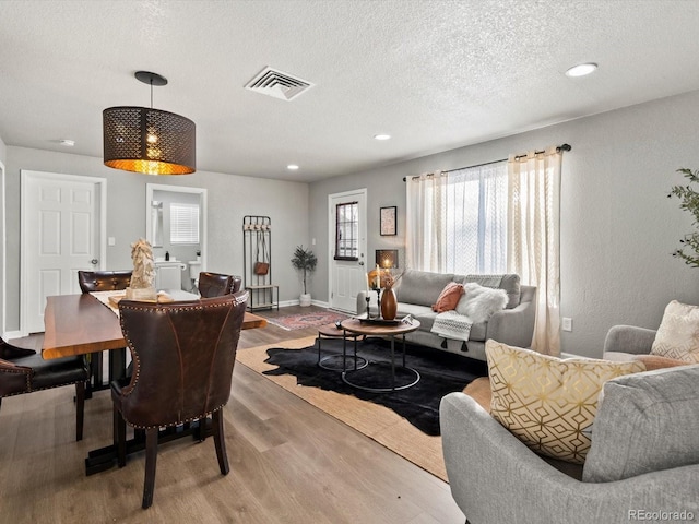 living room with wood-type flooring and a textured ceiling