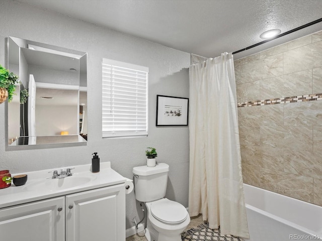 full bathroom with shower / bathtub combination with curtain, vanity, and toilet