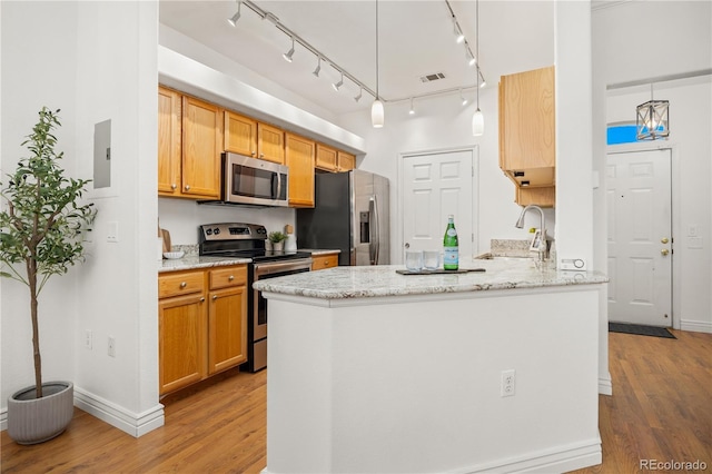 kitchen featuring stainless steel appliances, a sink, wood finished floors, and a peninsula