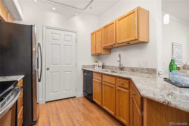 kitchen with a sink, black dishwasher, rail lighting, light wood-style floors, and stainless steel electric range oven