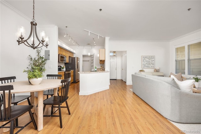 living area featuring rail lighting, light wood-style flooring, a chandelier, and crown molding