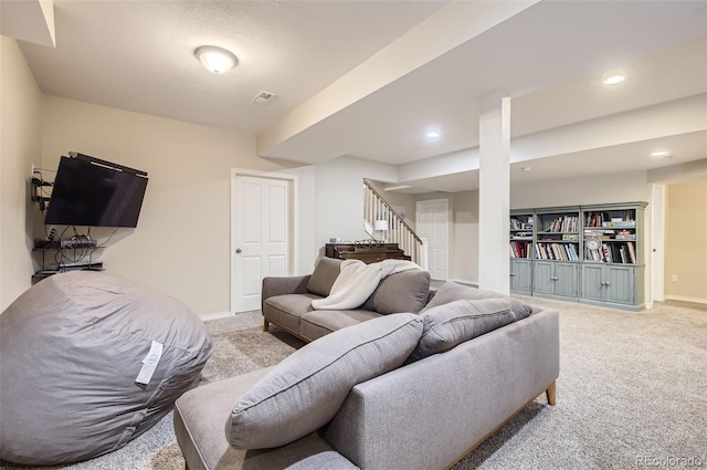 104 Noland Ct, Lyons, CO 80540 - living room featuring light colored carpet, baseboards, and recessed lighting