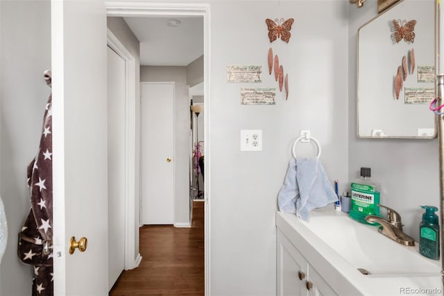 bathroom with wood finished floors and vanity