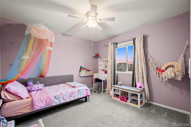 bedroom with carpet, a ceiling fan, and baseboards