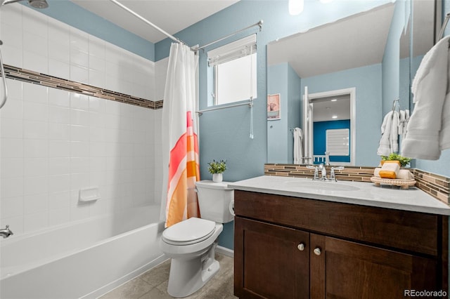 full bath with tile patterned flooring, toilet, vanity, shower / tub combo with curtain, and decorative backsplash