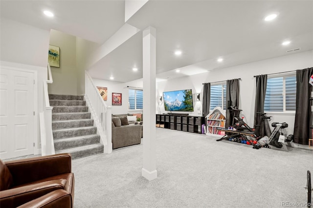 game room featuring recessed lighting, carpet, and visible vents