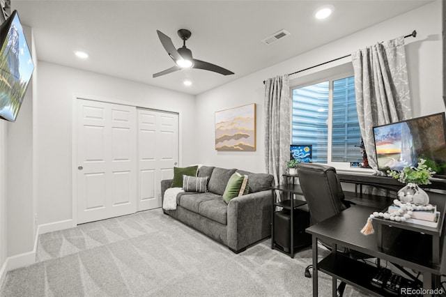 home office featuring visible vents, carpet floors, recessed lighting, and ceiling fan