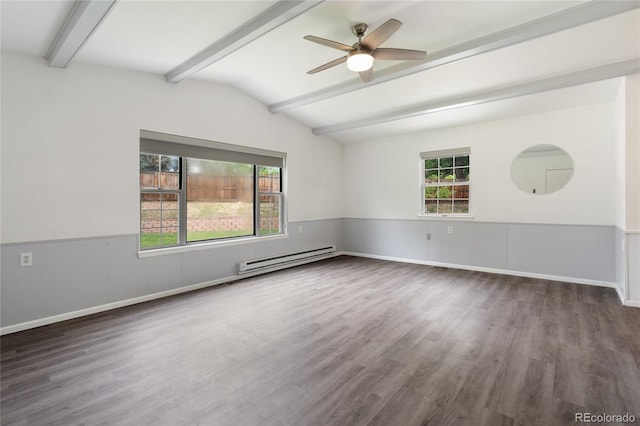 9451 W Hialeah Pl, Littleton, CO 80123 - spare room featuring baseboard heating, ceiling fan, wood finished floors, and wainscoting