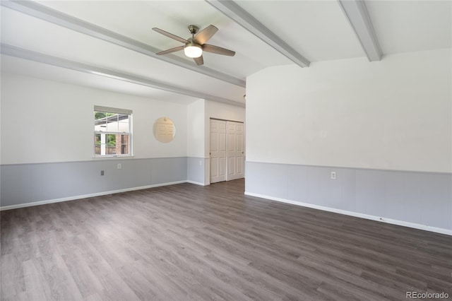 9451 W Hialeah Pl, Littleton, CO 80123 - empty room featuring ceiling fan, beam ceiling, wood finished floors, and baseboards