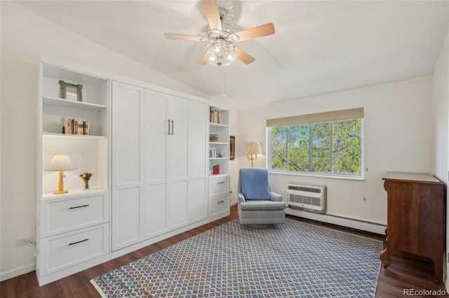 705 S Alton Way Unit 4D, Denver, CO 80247 - living area featuring baseboard heating, ceiling fan, dark wood finished floors, a wall unit AC, and vaulted ceiling