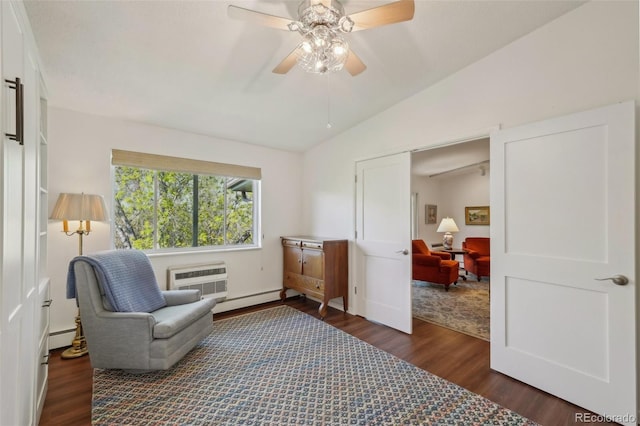 705 S Alton Way Unit 4D, Denver, CO 80247 - living area featuring vaulted ceiling, a baseboard radiator, dark wood-style floors, ceiling fan, and a wall mounted air conditioner